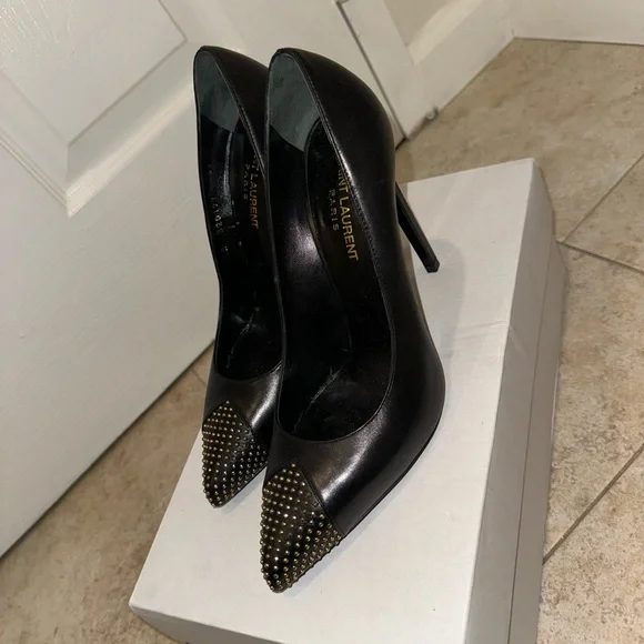 Saint Laurent Black Gold Studded Heels Leather Pumps Size 39 / US 8.5 - Picture 3 of 4